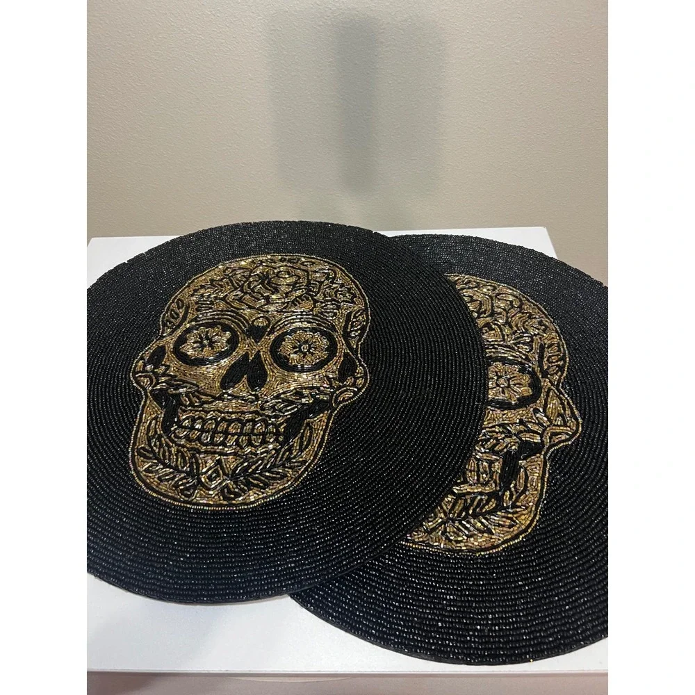 Tahari Home Skull Beaded Charger Placemats Set of 2 Black Gold 15in Gothic